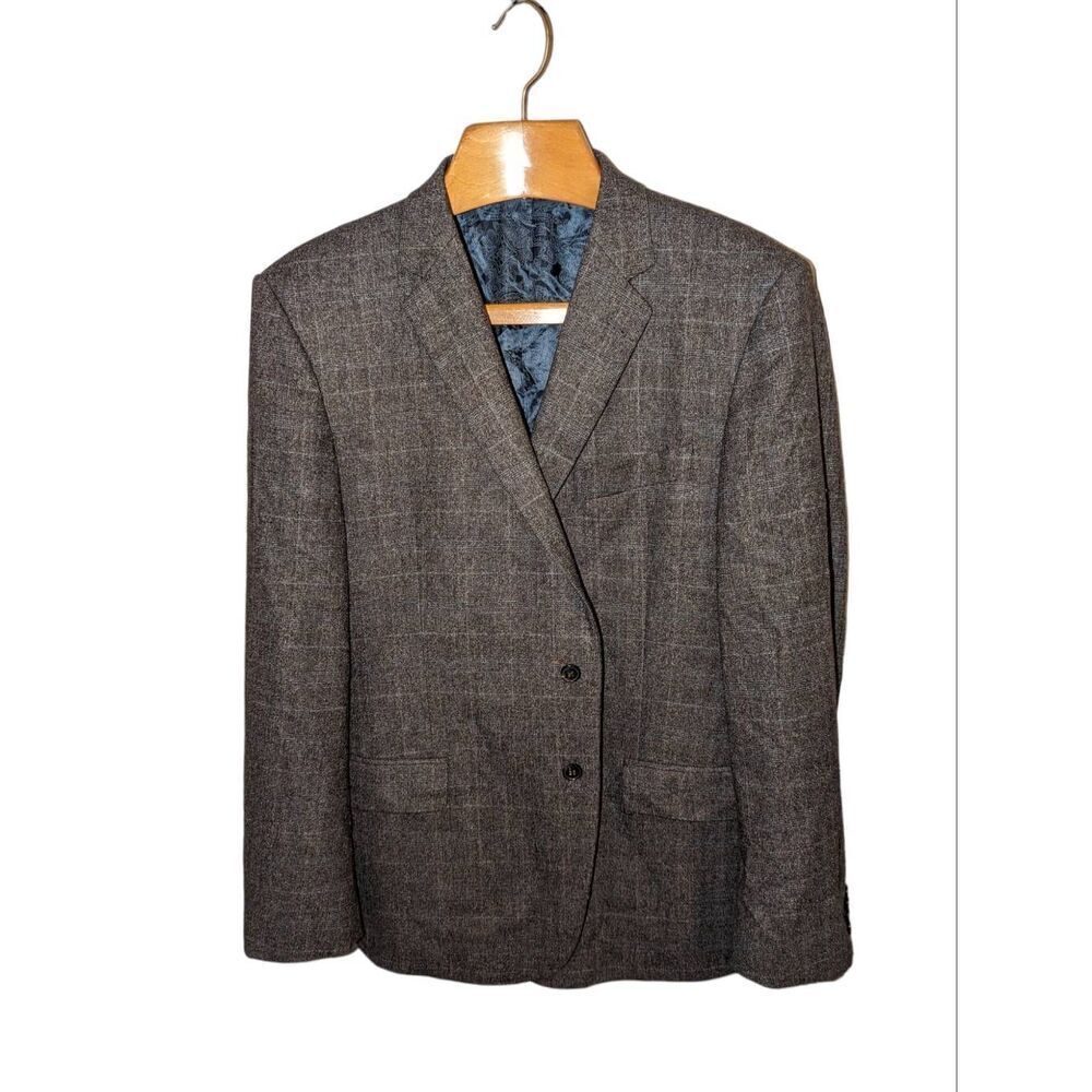 Custom Made Men's Joseph Abboud Taupe & Navy Plaid Sport Coat Size 46 Regular